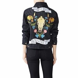 DENIM & BONE Wild and Free Black Denim Jacket Oversized Sz Small Free People